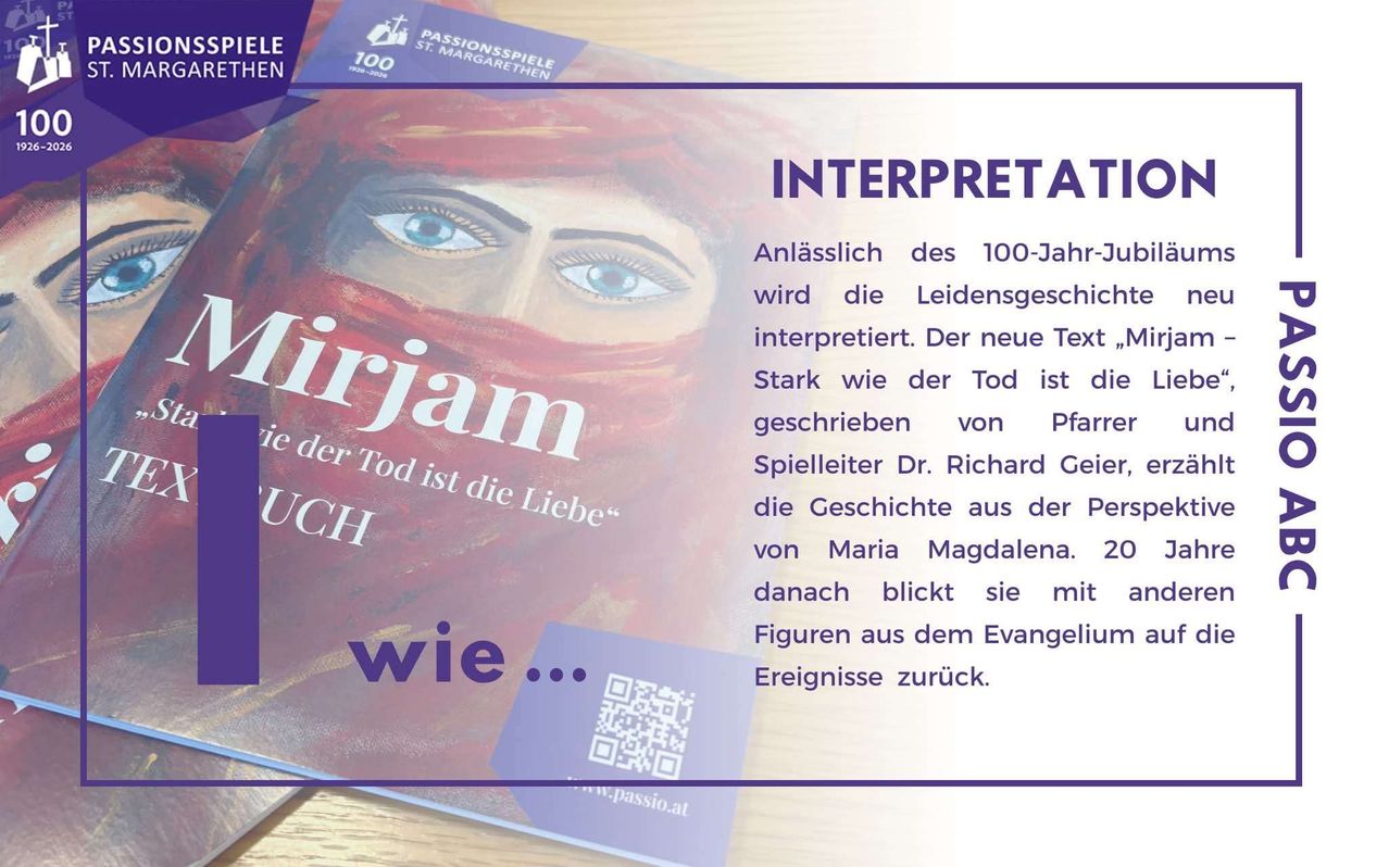 A book cover with a painting of a woman with blue eyes. It says 'Mirjam' in bold letters. It contains a new text by Dr. Richard Geiger, interpreting the story of Maria Magdalena. QR code on the side.