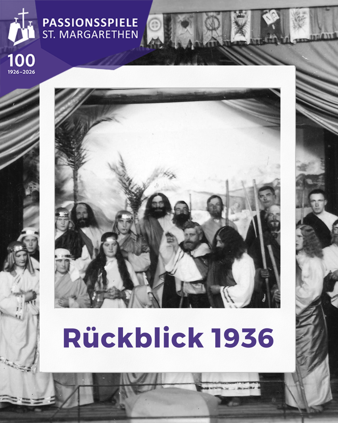 A black and white photo from 1936 shows a group of people dressed in white robes and headdresses. The image includes a watermark with the text 'Ruckblick 1936' and a logo at the top.