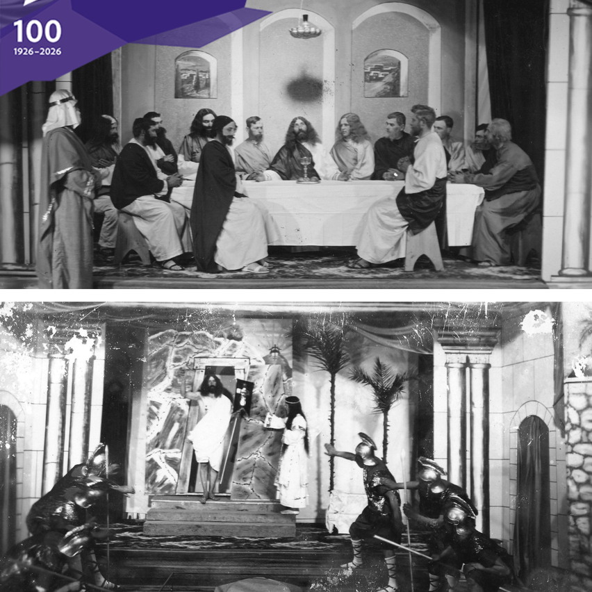 Two images show a theatrical production of a religious scene. The top image depicts Jesus and his disciples at the Last Supper, seated around a long table. The bottom image shows a confrontation with Jesus, a woman in white, and several men in armor.