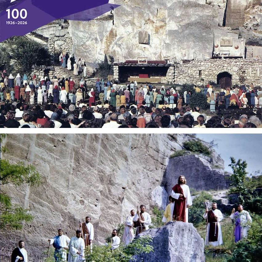 Two images depict a large crowd in front of a rock wall and a group of people in white robes standing on a rock with Jesus Christ in the center.
