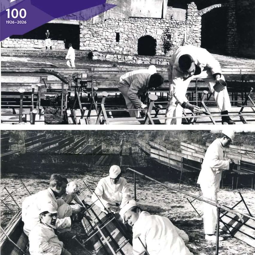 Black and white image of workers constructing a stadium, two photos in one, dated 1926-2026.