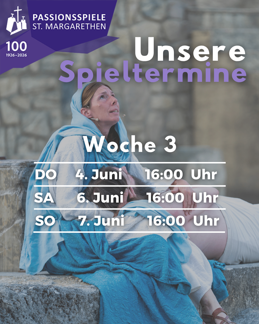 Ein Poster mit einer Frau im blauen Kopftuch. Es zeigt die Daten 4., 6. und 7. Juni 2020, 16:00 Uhr. Es ist Woche 3 der Veranstaltung.