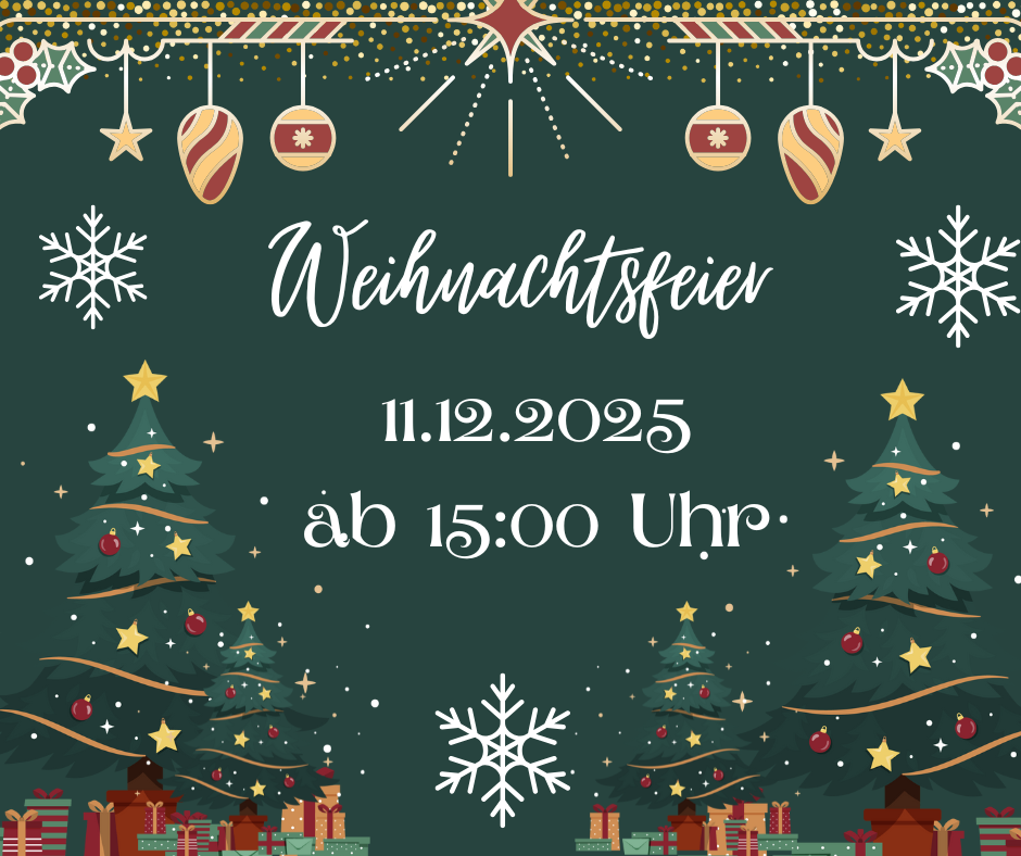 Eine Weihnachtsfeier findet am 11.12.2025 ab 15:00 Uhr statt. Der Plakat zeigt Weihnachtsbäume, Schneeflocken und Geschenkboxen.