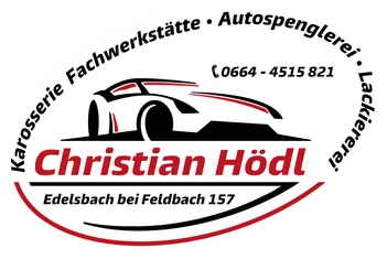 Logo für Christian Hödl, eine Autowerkstatt, gelegen in Feldbach. Es zeigt ein stilisiertes Auto und Kontaktdaten.