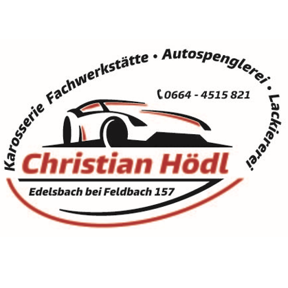Logo für Christian Hödl, ein Karosserie- und Lackierfachbetrieb in Edelsbach bei Feldbach. Das Logo zeigt ein Auto mit dem Firmennamen und der Kontaktnummer.