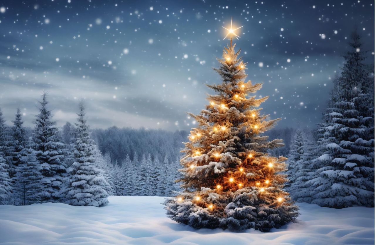 Ein mit Lichtern beleuchteter Weihnachtsbaum steht auf einem verschneiten Feld mit einem verschneiten Wald im Hintergrund.
