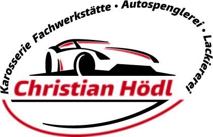 Das Logo von Christian Hoeldl zeigt ein schlankes Auto in Bewegung mit den Worten 'Fahrwerkstatte Autoaufleger' darum herum. Das Design hat ein rotes und weißes Farbschema mit einem kreisförmigen Emblem.