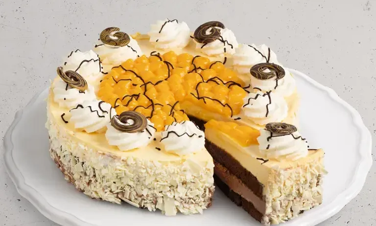 Eine Scheibe Kuchen mit Schokoladen- und Mangoschichten liegt auf einem weißen Teller. Es ist mit Schlagsahne und Wirbeln garniert.