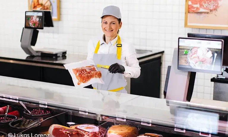 Ein lächelnder Metzger steht hinter einer Glastheke und hält ein Stück Fleisch. Verschiedene Fleischsorten und Schüsseln sind auf der Theke.