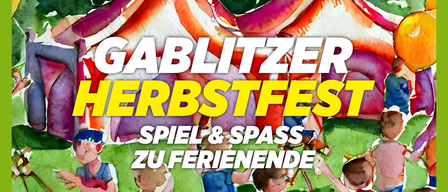 Ein farbenfrohes Plakat, das das Gablitzer Herbstfest ankündigt, zeigt großen gelben Text auf einem Hintergrund aus roten und lila Pilzen. Darunter befinden sich drei Kinder in einem Wald.