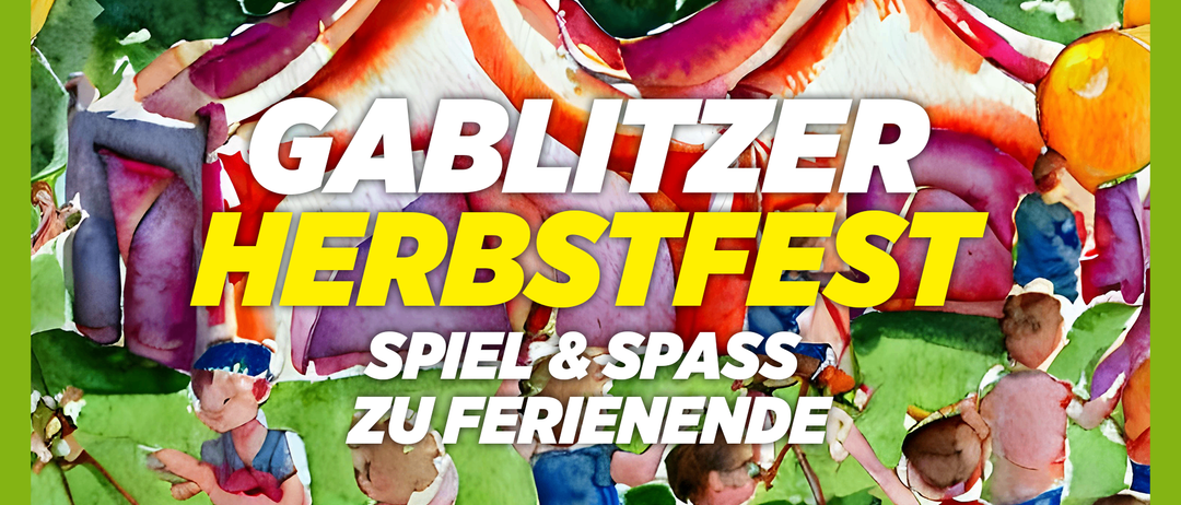 Ein farbenfrohes Plakat, das das Gablitzer Herbstfest ankündigt, zeigt großen gelben Text auf einem Hintergrund aus roten und lila Pilzen. Darunter befinden sich drei Kinder in einem Wald.