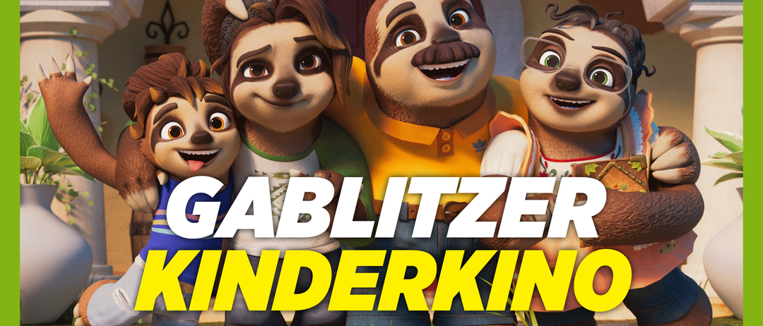 Ein animiertes Bild mit vier Cartoon-Charakteren, zwei Mädchen und zwei Jungen, in einer großen, fröhlichen Familienpose. Die Worte 'GABLITZER KINDERKIND' sind prominent in Gelb angezeigt.