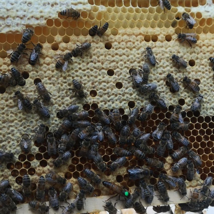 Eine Nahaufnahme eines Bienenwaben mit zahlreichen Bienen. Die sechseckigen Zellen sind mit Bienen verschiedenen Größen gefüllt, wobei einige mit Aktivitäten wie Putzen oder Wachen beschäftigt sind. Die Bienenwabe ist überwiegend hellgelb.