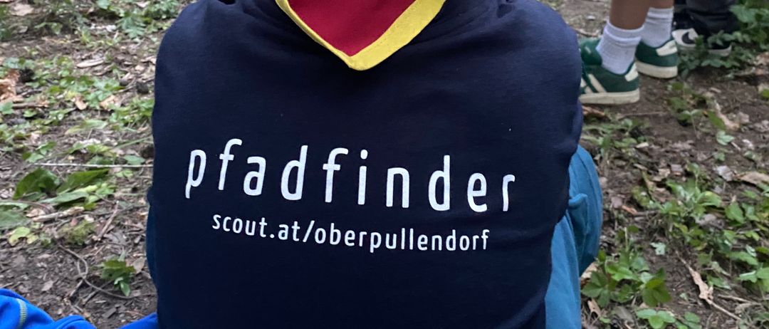 Ein junger Junge sitzt mit dem Rücken zur Kamera in einem Wald und trägt ein blaues T-Shirt mit 'pfadfinder' und 'scout.at/oberpullendorf' darauf.