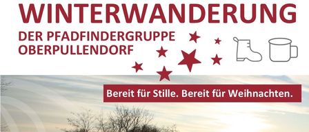 Plakat für eine Winterwanderungsveranstaltung in Oberpullendorf. Das Plakat zeigt einen verschneiten Weg mit wandernden Menschen, einschließlich eines spielenden Kindes im Schnee. Es erwähnt das Datum 21.12.2024, die Zeit 15:00 Uhr und den Treffpunkt bei Ungargasse 47.