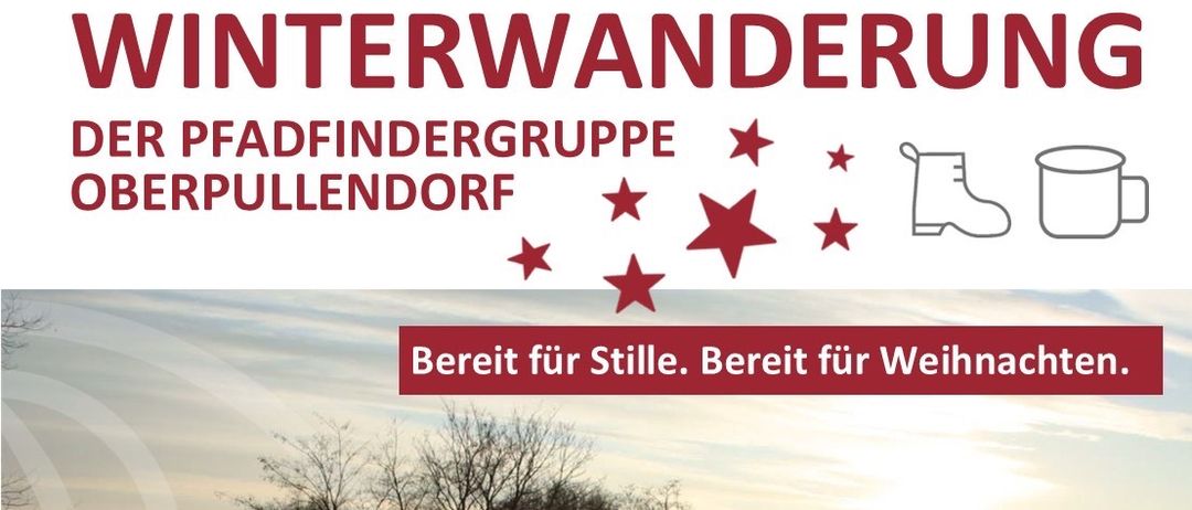 Plakat für eine Winterwanderungsveranstaltung in Oberpullendorf. Das Plakat zeigt einen verschneiten Weg mit wandernden Menschen, einschließlich eines spielenden Kindes im Schnee. Es erwähnt das Datum 21.12.2024, die Zeit 15:00 Uhr und den Treffpunkt bei Ungargasse 47.