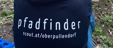 Ein Junge in Pfadfinder-Uniform sitzt auf dem Boden, mit anderen Pfadfindern im Hintergrund, die in einem Wald stehen.