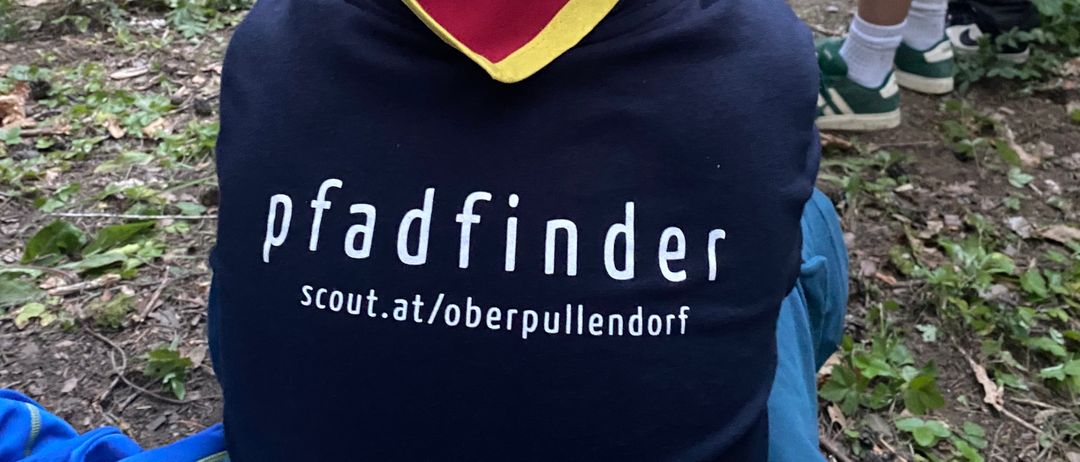 Ein Junge mit einem 'pfadfinder'-Shirt sitzt in einem Wald, umgeben von Pfadfindern. Bäume und Blätter sind im Hintergrund.