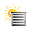 Illustration einer hell strahlenden Sonne mit Strahlen hinter einem Fensterrollo.