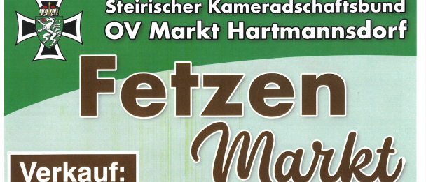Plakat für den Fetzenmarkt in Hartmannsdorf, mit verschiedenen zu verkaufenden Artikeln wie Uhren und Möbeln, einschließlich Details zu Datum, Uhrzeit und Kontaktinformationen.