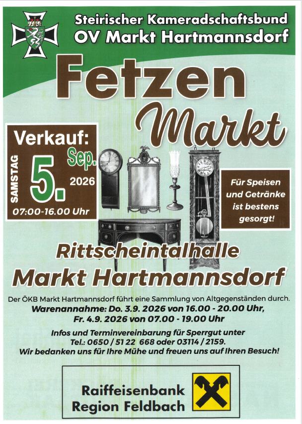 Poster for the Hartmannsdorf Market, featuring a collection of old items. The market will take place on September 5, 2026, from 7:00 AM to 4:00 PM. It includes items such as clocks, mirrors, and furniture. The event is held at the Rittscheintalhalle in Hartmannsdorf.