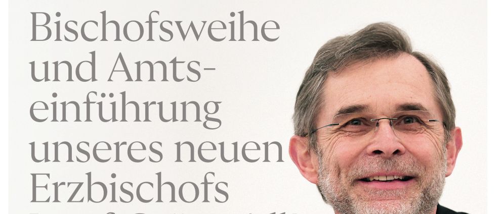 Ein Plakat mit Josef Grünwald, dem neuen Erzbischof, und einer Einladung auf Deutsch. Es lädt die Gemeinschaft ein, seine Einführung am Samstag, 24. Juni 2026, auf ORF 2 und im Pfarrheim Payerbach zu verfolgen.