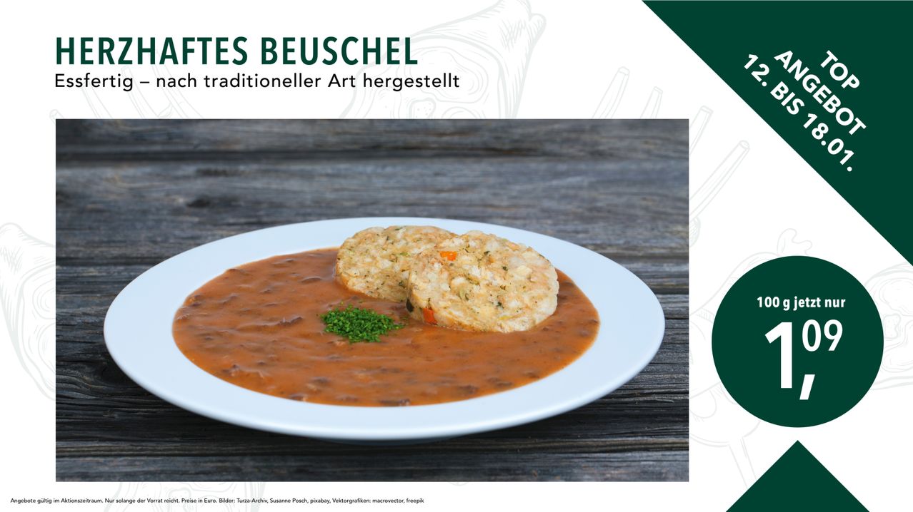 Ein Teller mit Suppe, zwei Fleischbällchen darauf und Petersilie als Garnierung auf einer Holzoberfläche. Der Markenname 'TES BEUSCHEL' ist oben angebracht.