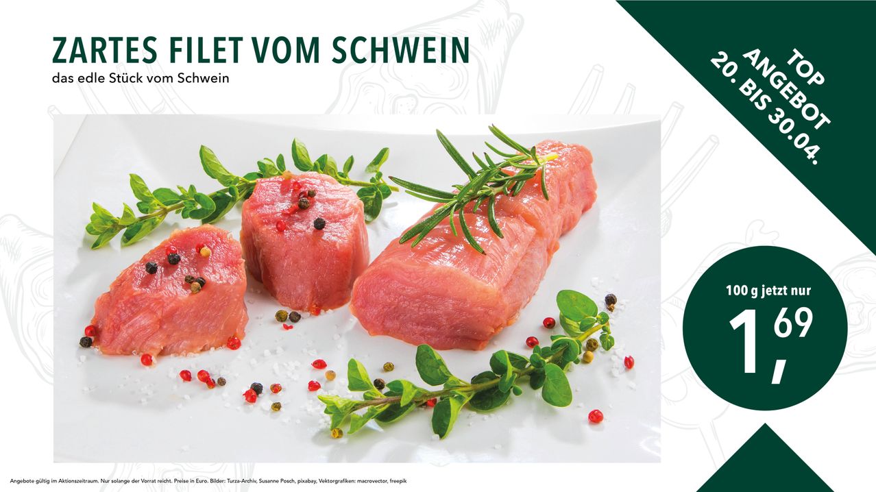 A plate with three pieces of raw pork loin, garnished with herbs and spices. The dish is placed on a white surface.