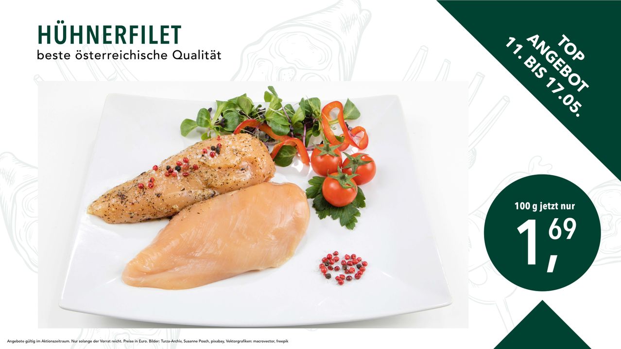Ein Teller mit Hähnchenbrustfilets und Gemüse. Ein Filet hat Pfeffer und das andere hat eine rote Pfefferdekoration. Das Gemüse besteht aus Kirschtomaten und Salat.