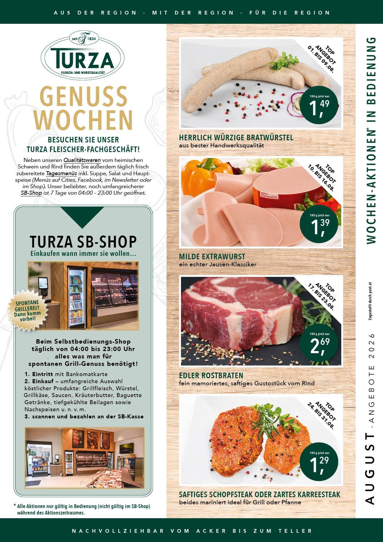 A flyer advertising a self-service meat shop with various meat products and a grill menu. The flyer includes a list of steps for customers to follow when using the self-service shop.
