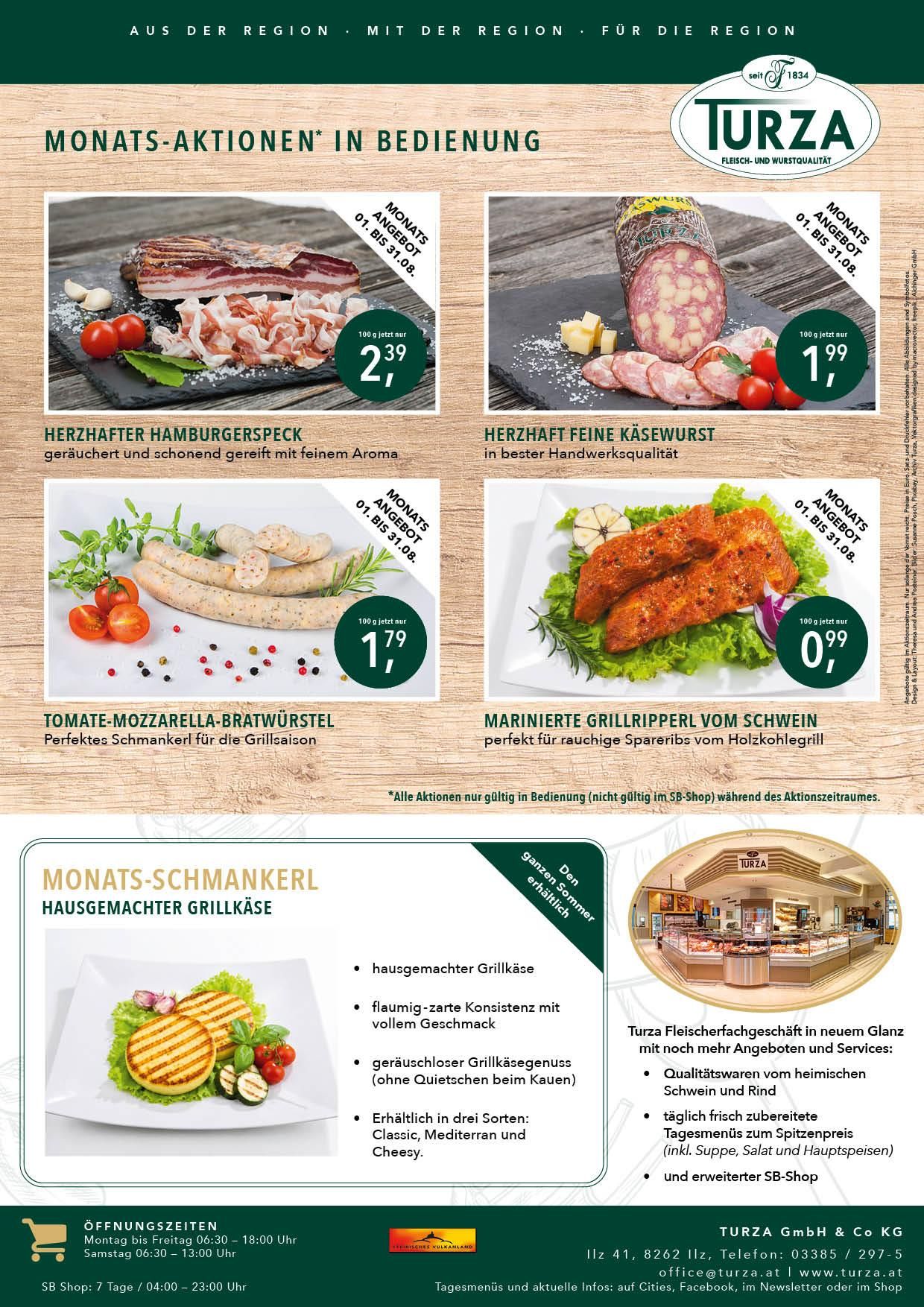 A flyer advertising various meat products including hamburgers, sausages, and marinated pork ribs. Each product has a price tag and a description. The flyer also features a section for homemade grilled sausages with a description of their quality.