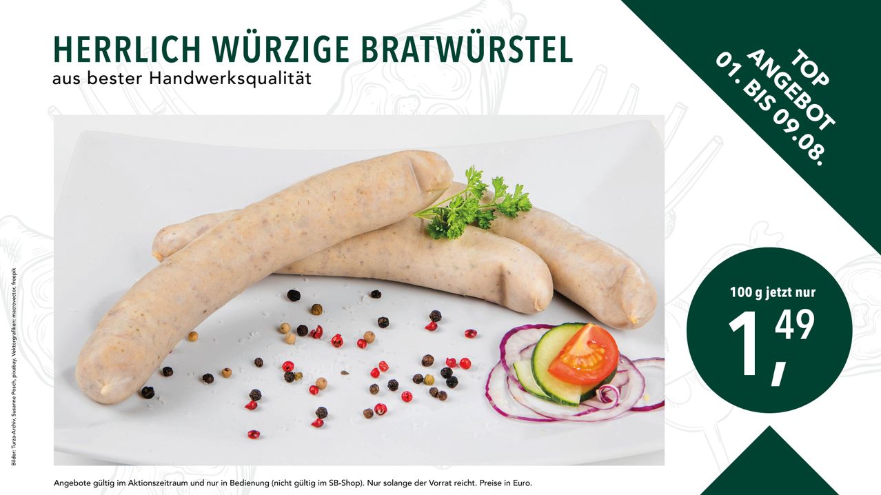 A plate with three sausages garnished with parsley, accompanied by sliced cucumbers, red onions, and various peppercorns. The image is set against a white background with a green border.