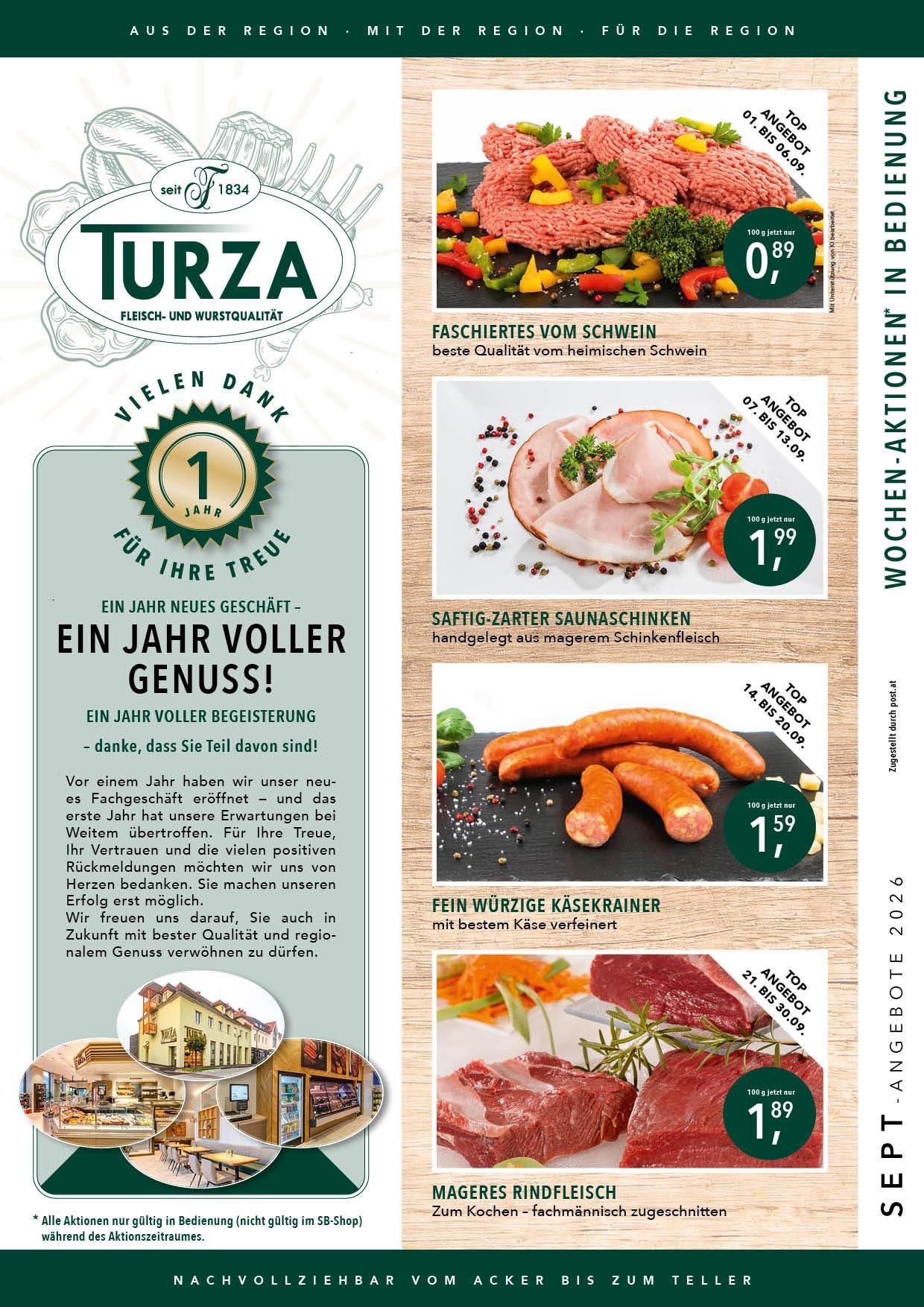 An advertisement for Turza, a meat quality brand, featuring various meat products with price discounts and a message of gratitude for customer loyalty.