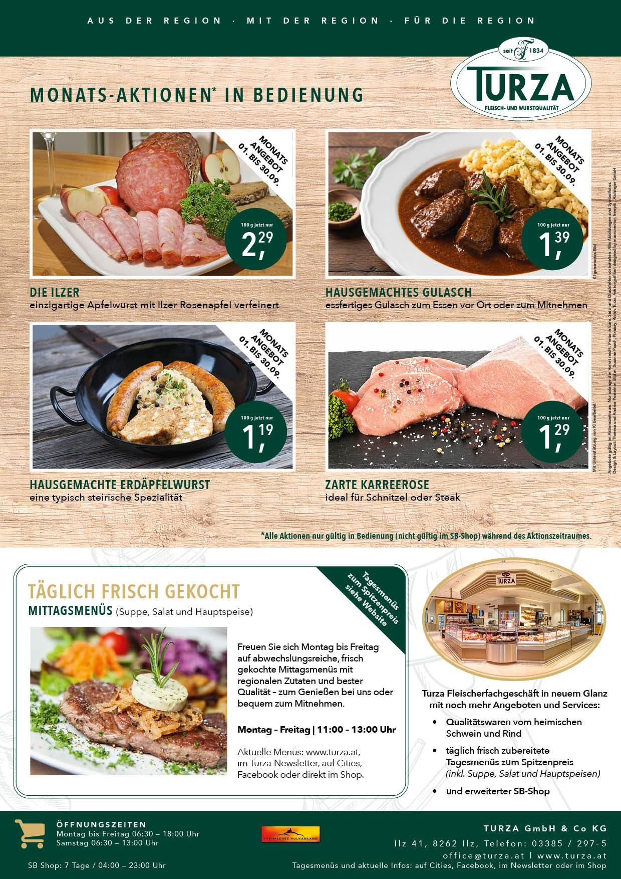 An advertisement for a restaurant featuring various meat dishes with prices and descriptions. The top left shows a plate of sliced meats with a price tag of 2.19 euros. The top right shows a plate of meat in a sauce with a price tag of 1.39 euros. The bottom left shows a plate of sausage with a price tag of 1.19 euros. The bottom right shows a plate of meat with a price tag of 1.29 euros.