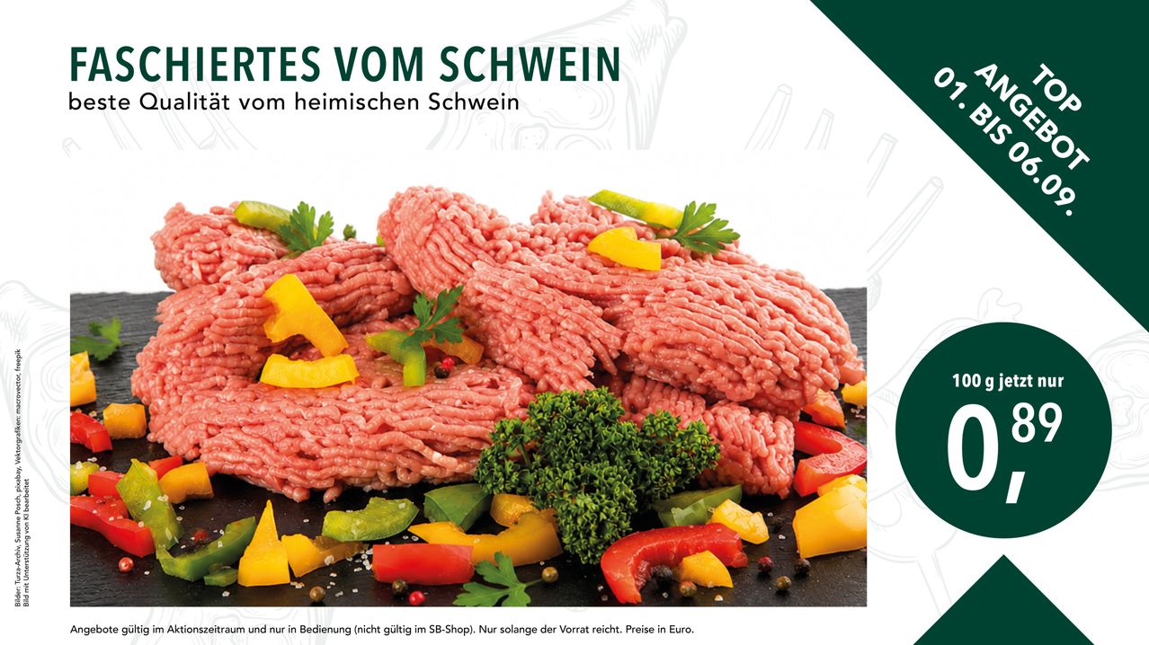 A close-up of raw pork chops with parsley, yellow peppers, and red peppers on a black surface. The image is part of an advertisement for pork products from a local farm.