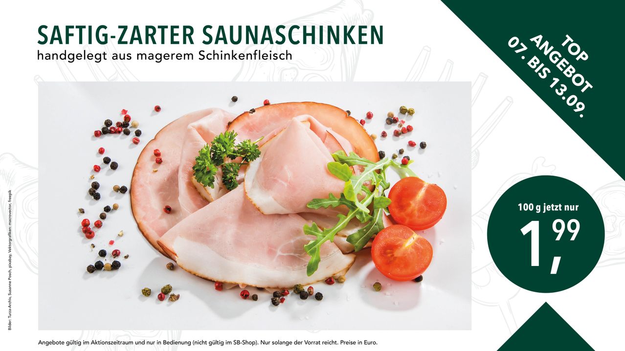 A close-up of thinly sliced ham arranged on a white plate with arugula, cherry tomatoes, and peppercorns. The text above reads 'ARTER SAUNASCHINKEN'.