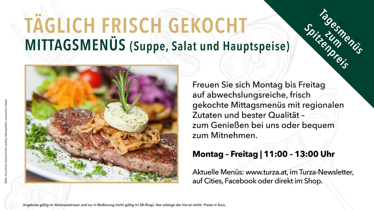An advertisement for a restaurant featuring a dish with a slice of cheese and herbs, accompanied by a text offering a fresh cooked menu with soup, salad, and main courses.