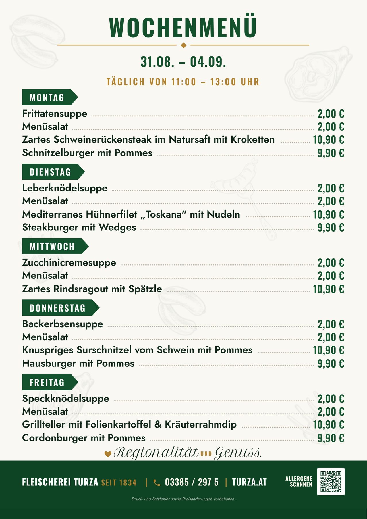 A menu for a restaurant with daily specials from Monday to Friday. Each day has a soup, a salad, and two main dishes with their prices. The menu is green and white.