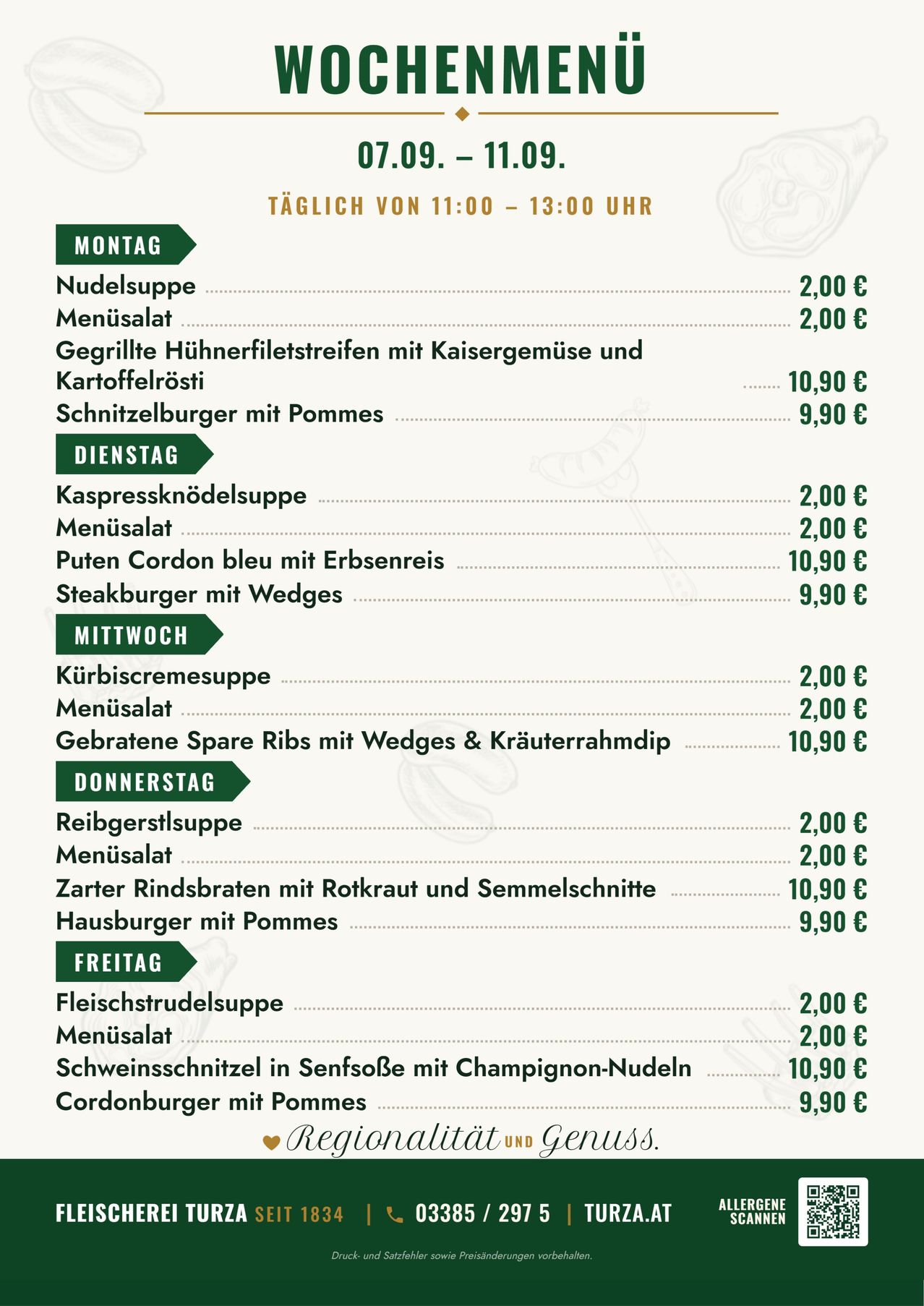 Weekly menu from Monday to Friday with soup, salad, and main dishes listed with prices in euros. Each day has a different soup and main dish.