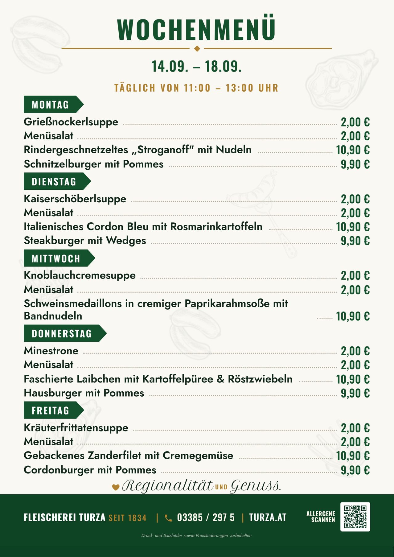 A menu with daily specials from Monday to Friday, featuring soups, salads, and various meat dishes with their prices. Each day has a different theme, such as 'Kaiserschoberlsuppe' on Tuesday.