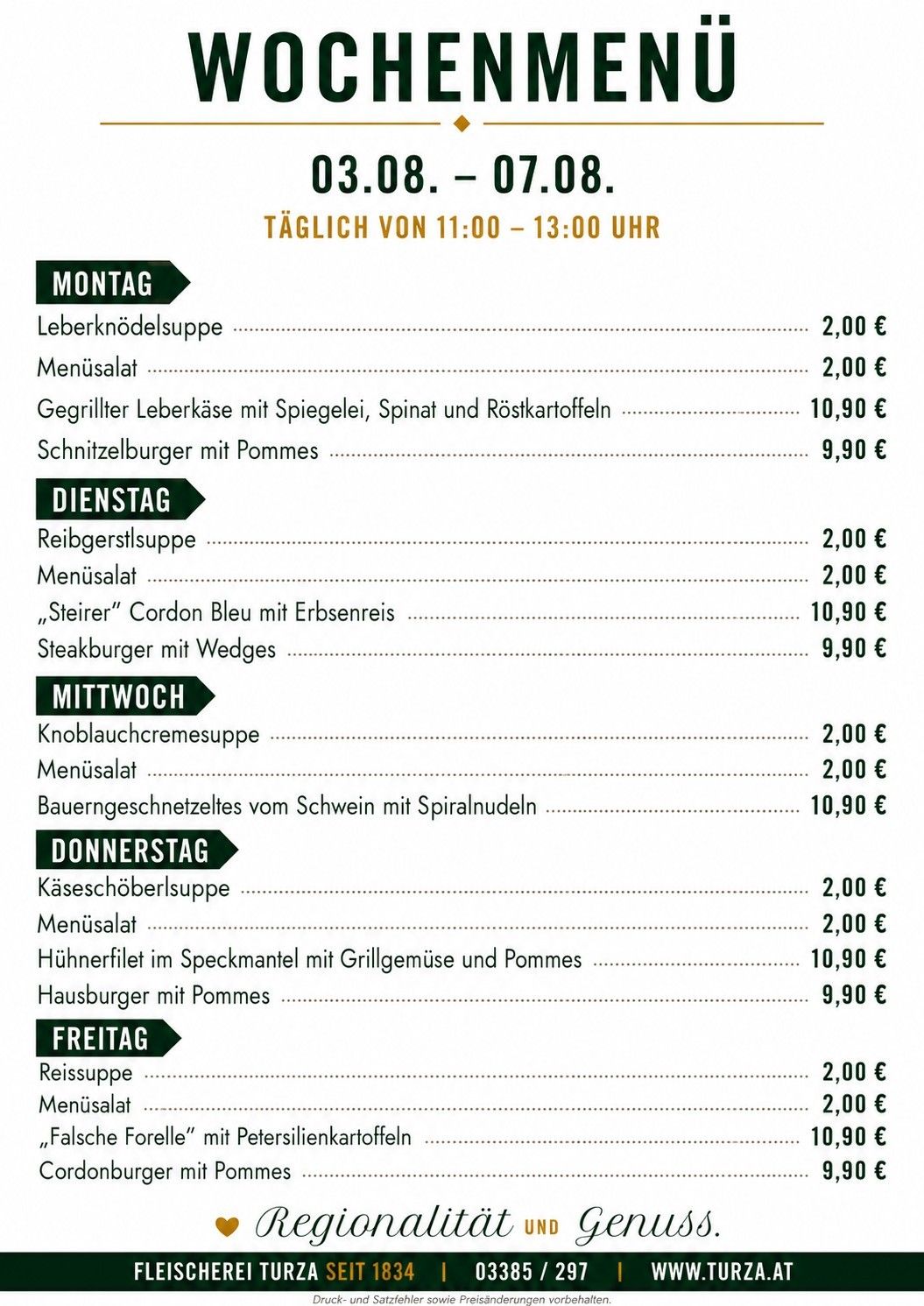 The image shows a menu from a restaurant open from 11:00 to 13:00. Items include Leberknödelsuppe, Menusalat, Gegrillter Leberkäse, Schnitzelburger, Reibgerstlsuppe, Cordon Bleu, Knoblauchcremesuppe, and Bauerngeschnetzeltes. Prices range from 2.00€ to 10.90€.