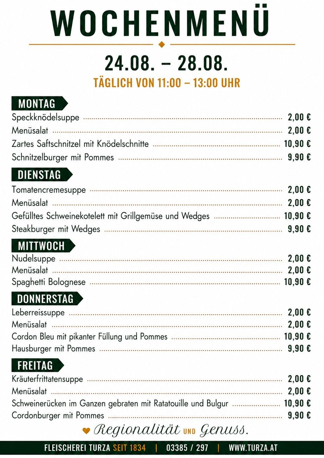 Das Bild zeigt ein Tagesmenü mit Gerichten von Montag bis Freitag. Jeder Tag beinhaltet eine Suppe, einen Salat und ein Hauptgericht mit Preisen in Euro.