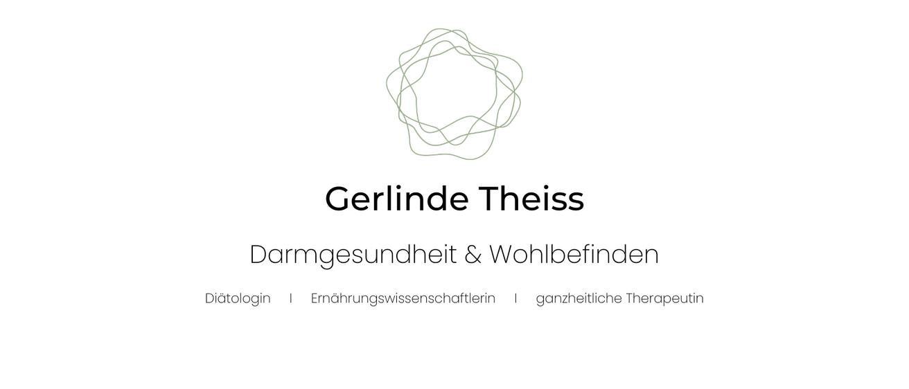 Die weiße Seite zeigt ein Logo mit einem grünen Kreis, dem Namen Gerlinde Theiss und dem Text Darmgesundheit & Wohlbefinden. Darunter befinden sich drei Dienstleistungen: Diätologin, Ernährungswissenschaftlerin und ganzheitliche Therapeutin.