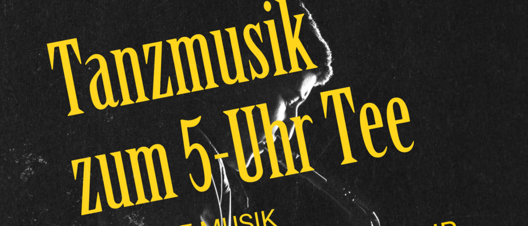 Ein Plakat für 5-Uhr Tee zeigt einen Saxophonisten. Beginn 17 Uhr. 17. Mai. Live Musik. Adresse: Weizerstraße 25, 8191 Koglhof. Weitere Infos auf Instagram.