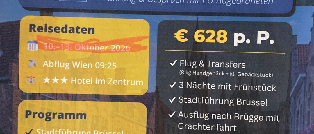 Flyer für eine Brüsselreise im Oktober 2026. Beinhaltet Flug, Transfers, Hotel und Besuch des EU-Parlaments. Kosten 628€ pro Person. Optionales Einzelzimmer und Reiseversicherung verfügbar.