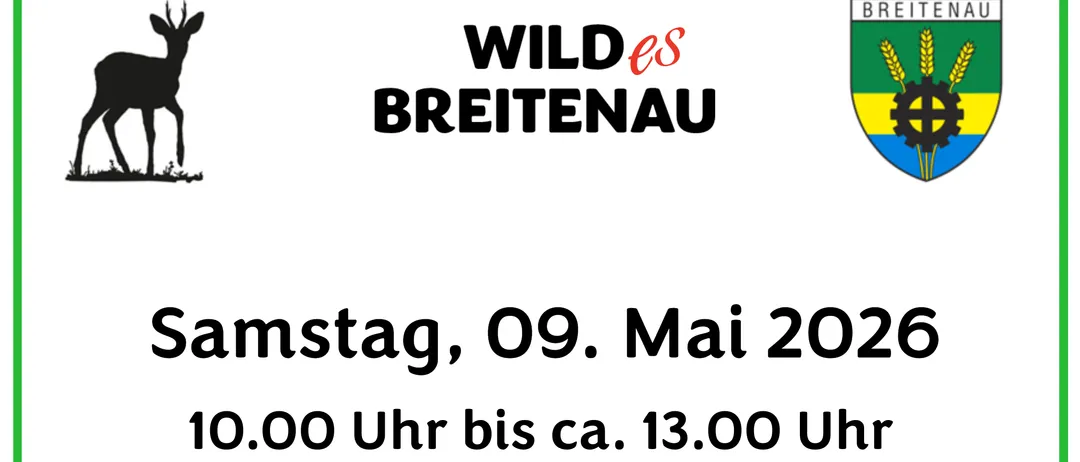 Plakat für eine Veranstaltung am Samstag, 9. Mai 2026, im Breitenauer Park von 10:00 bis 13:00 Uhr. Küchenfertige Gourmetgerichte vom heimischen Mai-Bock sind verfügbar. Kalte Getränke und warme Wildschwein-Leberkäs-Proben werden kostenlos angeboten.