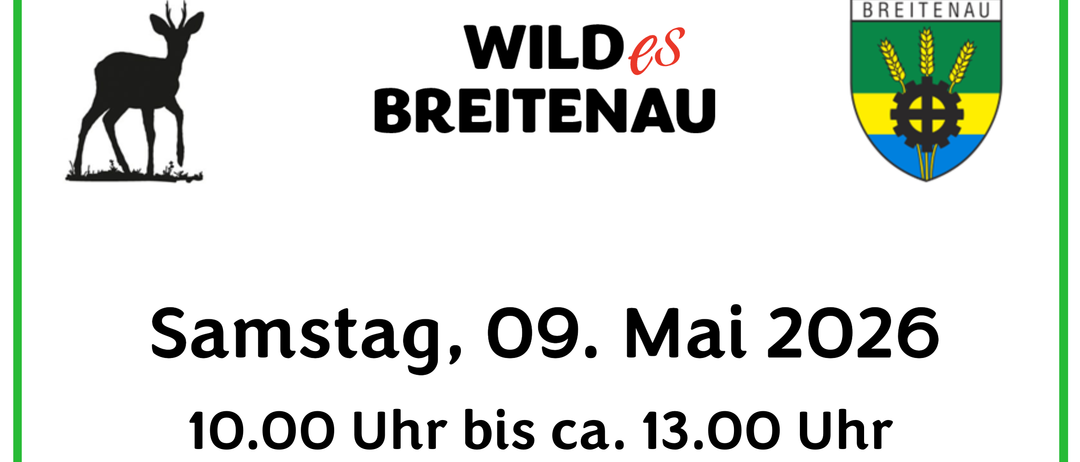 Plakat für eine Veranstaltung am Samstag, 9. Mai 2026, im Breitenauer Park von 10:00 bis 13:00 Uhr. Küchenfertige Gourmetgerichte vom heimischen Mai-Bock sind verfügbar. Kalte Getränke und warme Wildschwein-Leberkäs-Proben werden kostenlos angeboten.