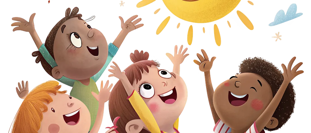 Eine Gruppe glücklicher Kinder schaut zu einer großen lächelnden Sonne mit Sternen darum.