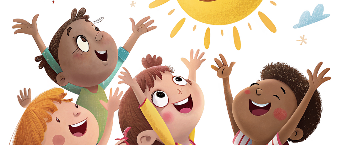 Eine Gruppe glücklicher Kinder schaut zu einer großen lächelnden Sonne mit Sternen darum.