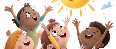 Eine Gruppe glücklicher Kinder schaut zu einer großen lächelnden Sonne mit Sternen darum.